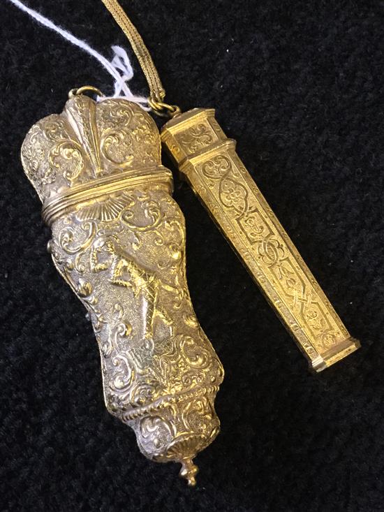 18C gilt metal necessaire (part of a chateleine), semi-fitted & a gilt metal etui lacking fitments